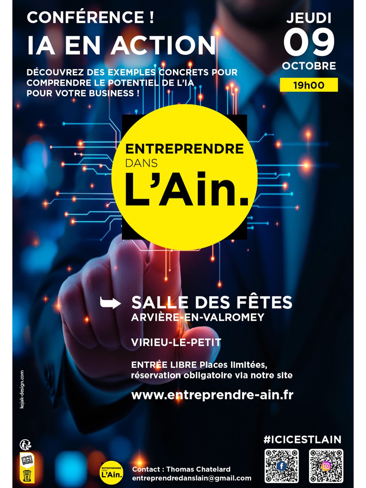 Affiche pour la conférence "l'ia en action" prévu le 9 octobre 2025 à partir de 19h à la salle des fêtes d'Arvière-en-Valromey, gratuit, ouvert à tous.